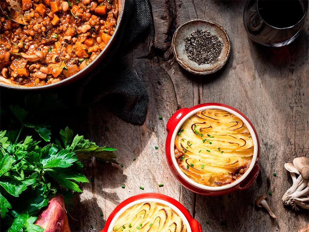 Shepherd’s Pie di funghi, lenticchie e fagioli occhio nero